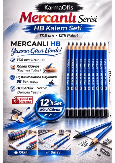 Mercanlı Hb Kurşun Kalem Mavi Tek Renk 12 Adet, Köşeli Gövde, 17.5 Cm Mavi 12li