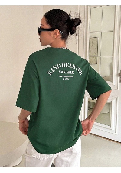 Kind Hearted T-shirt - Yeşil Baskılı Oversize Bisiklet Yaka Kısa Kol Tişört Yeşil