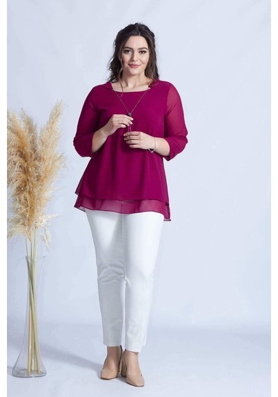 Moda Berray 1934 Kolyeli Şifon Büyük Beden Şık Bluz Violet Violet