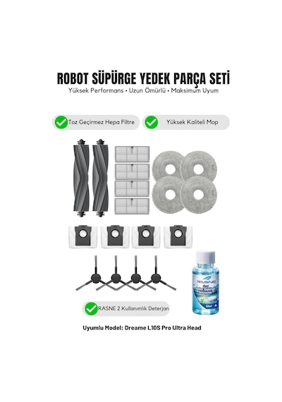 Dreame L10s Pro Ultra Head İle Uyumlu 2 Ana Fırça 4 Yan Fırça 4 Filtre 4 Mop 1 Deterjan 4 Toz Torbası 8.0