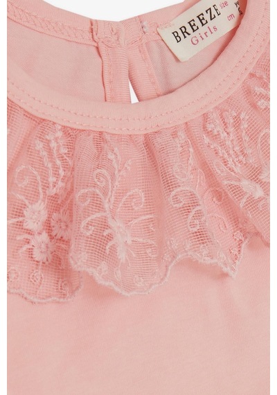 Breeze Kız Çocuk Tişört Yakası Güpürlü Nakışlı 1-4 Yaş, Pembe-Pembe