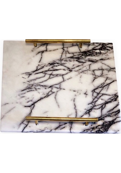 Lux & Marble Storm, Damarlı Beyaz Mermer Pirinç Kulplu Kare Tepsi
