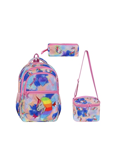 Unicorn Desenli 3 Lü Ortopedik Kız Okul Çantası Seti Okul Çantası+beslenme Çantası+kalemlik Koyu Purple