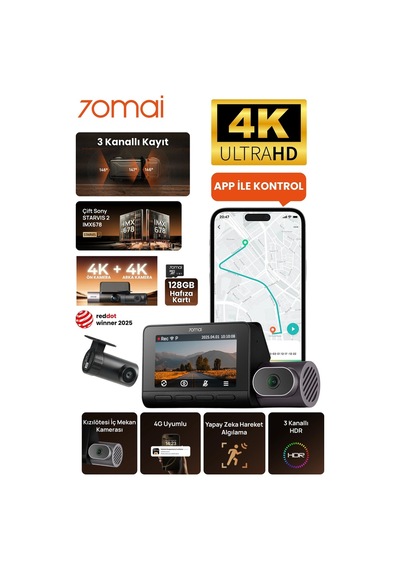 70mai T800-41 Ön Kamera +iç Kamera + Rc41 Arka Kamera 128gb