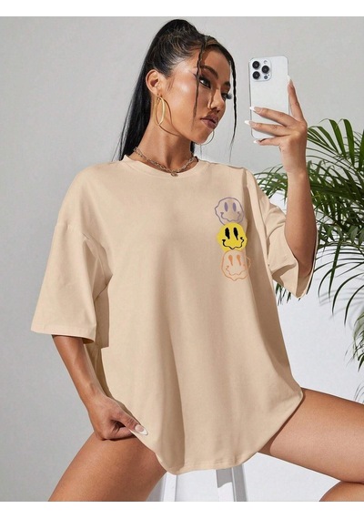 Emoji T-shirt - Bej Baskılı Oversize Bisiklet Yaka Kısa Kol Bej