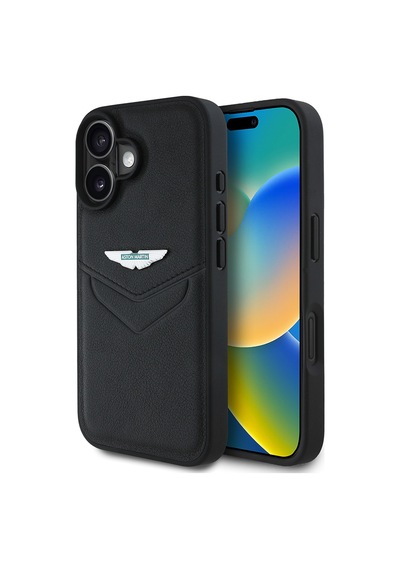 Apple Uyumlu iPhone 16 Kılıf Aston Martin Lisanslı Victory Dizayn Pu Deri Metal Logolu Kapak Siyah