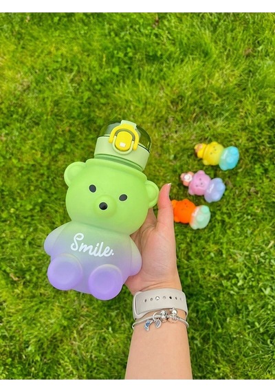 Smile Ayıcıklı Renkli 800 Ml Matara Su Şişesi Tritan Bpa Içermez Sticker Hediyeli Pembe Plastik Diğer