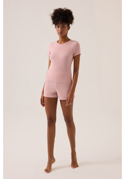 Los Ojos X Ece Pembe Modal Kumaşlı Kısa Kollu Şortlu Pijama Takımı Ribbed Pj4 Pembe Pembe