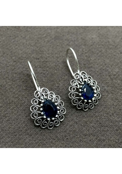 Midyatgümüşnurtaş Safir Taşlı Damla Model Oksitli Telkari Gümüş Bayan Küpe