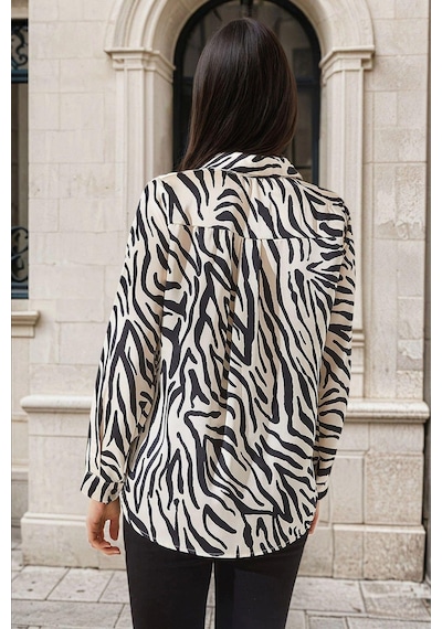 WeShaya Beyaz Zebra Desenli, Rahat Kalıp Gömlek Beyaz