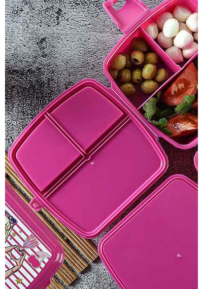 Lisanslı 4 Bölmeli Beslenme Kutusu Yemek Saklama Kabı - Beslenme Çantası Çocuk Piknik Seti Mama Kabı Barbie