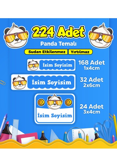 Sevimli Panda Temalı Okul Kreş Kişiye Özel İsim Etiket Seti - Model 155 Çok Renkli