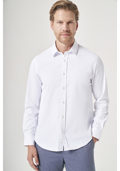 İmza Beyaz Sert Yaka Uzun Kol Cepsiz Slim Fit Pamuklu Gömlek 1004260213