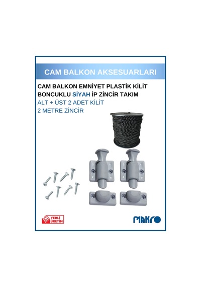 Gri Cam Balkon Kilidi Emniyet Plastik Tombul Kilit Boncuklu Siyah İp Zincir Takım Seti