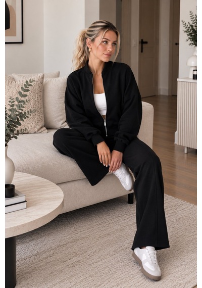 Lima Siyah Kadın Fermuarlı Dik Yaka Eşofman Takımı Oversize Sweatshirt Ve Bol Paça Pantolon İkili Takım