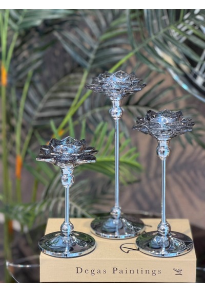 Chacha Home 3'lü Metal Ayaklı Lotus Kristal Cam Şamdan Mumluk Seti 29 Cm - 24 Cm - 19 Cm - Dekoratif Nilüfer Çiçeği Mum Standı Gümüş
