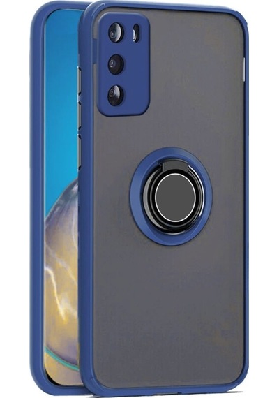 Huawei P30 Pro Uyumlu Kılıf Yüzüklü Standlı Extra Darbe Koruma Sert Silikon Kapak - Lacivert Lacivert