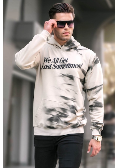 Madmext Bej Baskılı Kapüşonlu Sweatshirt 5897 Bej