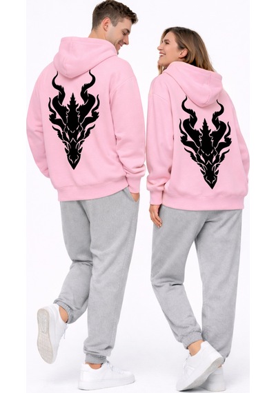Nevermınd Unisex Ejderha Baskılı Beyaz Sevgili Kombini Oversize Hoodie Seti Pembe Pembe