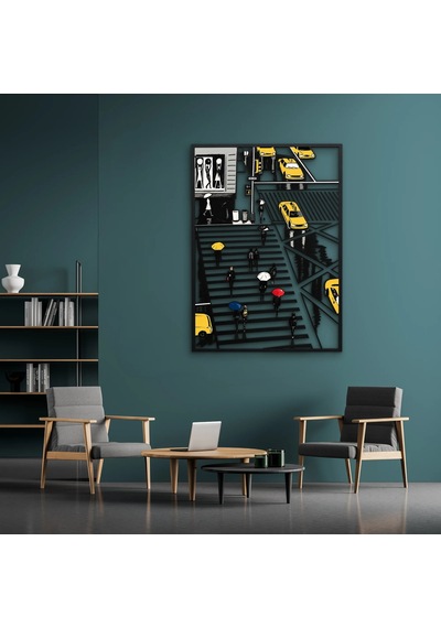 Yağmurlu Şehirde Yaya Geçidi - Metal Tablo - Dec0374 58 X 80 Cm Çok Renkli