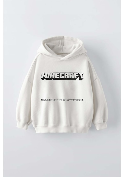 Erkek Çocuk Mınecraft Modelli Pamuk Kapşonlu Sweat Ekru