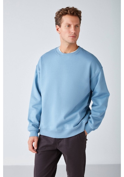 Grimelange Stephan Erkek Yumuşacık Kışlık Kumaşlı 3 Iplik Organik Pamuk Örme Oversize Mavi Sweatshirt