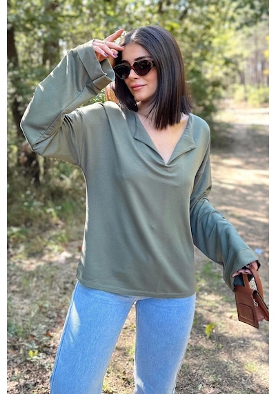 WeShaya Kadın Haki Uzun Kol, Duble Manşet, Yırtmaçlı Yaka, Salaş Sweatshirt Bluz Haki WeShaya Kadın Haki Uzun Kol, Duble Manşet, Yırtmaçlı Yaka, Salaş Sweatshirt Bluz Haki