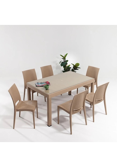 Rattan Camlı Dikdörtgen Masa Takımı 6 Kolsuz Sandalye Cappucino Bahçe Balkon Teras Cappucino Rattan Camlı Dikdörtgen Masa Takımı 6 Kolsuz Sandalye Cappucino Bahçe Balkon Teras Cappucino