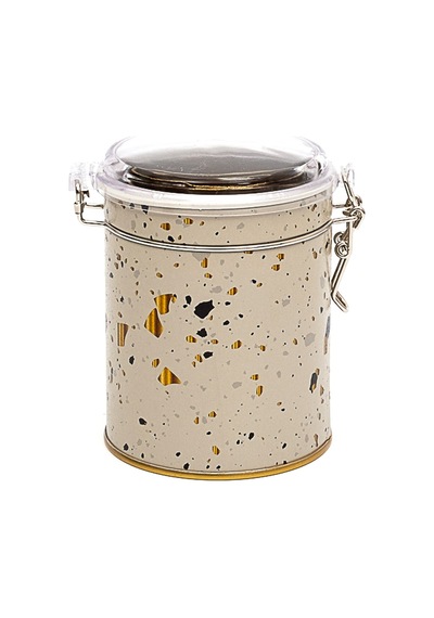 Terrazzo Cream Desenli Kilitli Kapaklı Yuvarlak Metal Kutu, 9 X 11 Cm, 0.6 Lt