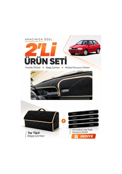 Skoda Felıcıa 1994-2001 Uyumlu Torpido Örtüsü + Tay Tüyü Bagaj Çantası + Sticker Seti - Siyah Bej