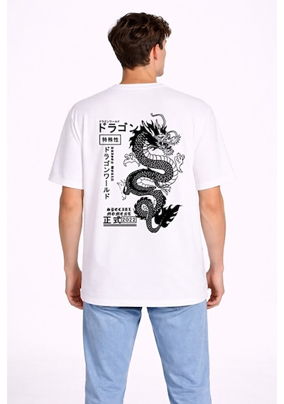 Nevermind Oversize Erkek Tişört Arkası Baskılı Dragon Japon Style Streetwea Beyaz