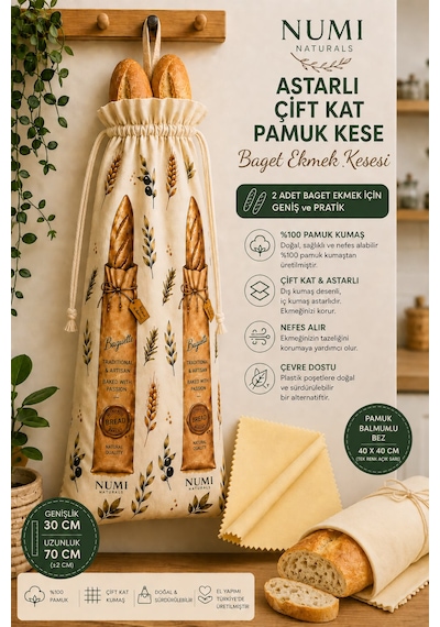 Premium Baget Ekmek Saklama Seti - 1 Pamuklu Çift Kat Astarlı Kese 30x70 + 2 Balmumu Bez 40x40 Çok  Renkli