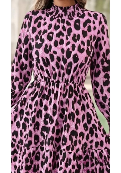 Moderie Butik Kadın Uzun Kollu Yarı Balıkçı Yaka Leopar Desenli Modal Mini Elbise Desenli Moderie Butik Kadın Uzun Kollu Yarı Balıkçı Yaka Leopar Desenli Modal Mini Elbise Desenli