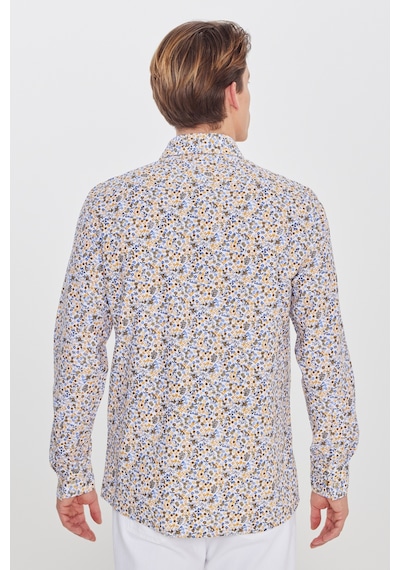 AC&Co / Altınyıldız Classics Erkek Beyaz Sarı Pamuklu Slim Fit Dar Kesim Büyük İtalyan Yaka Baskılı Gömlek Beyaz Sarı