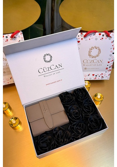 Premium Gift Rose Box - Lily Vizon Hakiki Deri Cüzdan Siyah Gül Kutusu Vizon