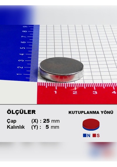 1 Adet Neodyum Mıknatıs Çap: 25mm Kalınlık: 5mm D25x5 Ndfeb Güçlü Mıknatıs