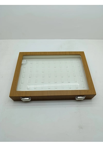 Yeni Cam Kapaklı Deri Kumaş Kahve-krem Renk 34 Cm / 24 Cm Tırnaklı Yüzük Tablası