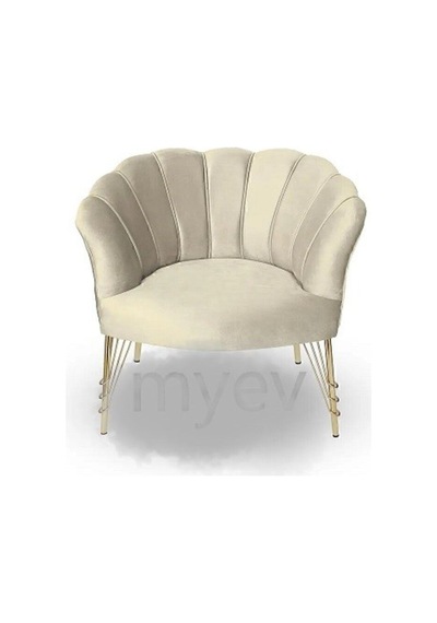 Papatya Çay Seti Koltuk Krem Tekli Berjer Gold Metal Ayak Salon Kafe Balkon Bahçe Otel Ofis Krem