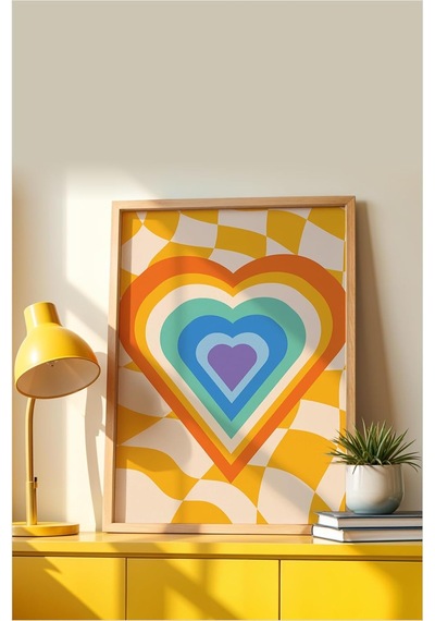 Çerçeveli Kalp Tablosu Renkli Retro Kalp Desenli Modern Poster, Dekoratif Duvar Dekoru Bej 21 X 30