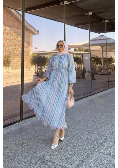 Riella Butik Nelia Düğme Detaylı Balon Kol Tesettür Elbise Mavi