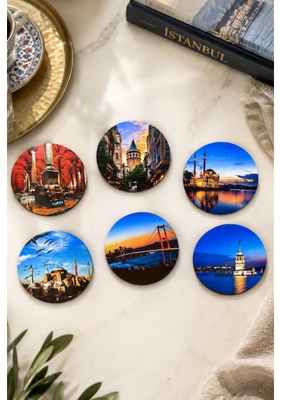 İstanbul Temalı 6 Lı Bardak Altlığı Seti 9 Cm Yuvarlak Mdf Dijital Baskı 3 Mm Çok Renkli