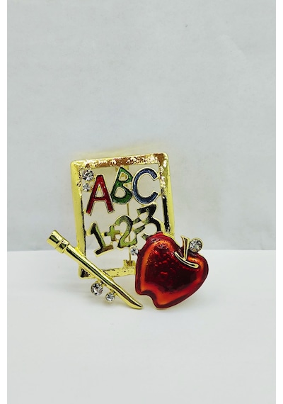 Öğretmen Temalı Abc 123 Kırmızı Elma Taşlı Broş Renkli Eğitim Sembollü Brooch Çok Renkli