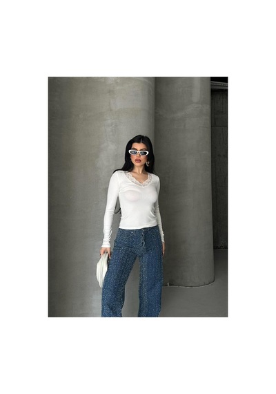 Dima Fashion Dantel Detaylı Bluz Beyaz