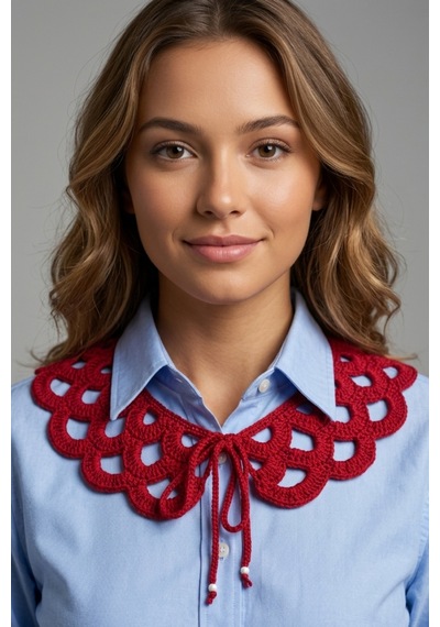 Bb Bibutikshop Kırmızı El Örgüsü Fiyonk Bağcıklı Takılabilir Yaka Vintage Dantel Model Renkli