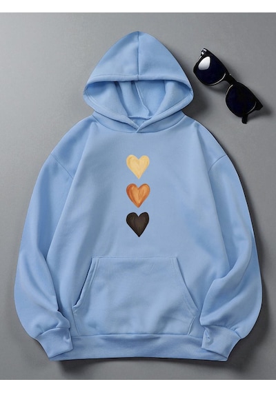 Uyguntarz Unisex Sirali Kalp Baskılı Oversize Sweatshirt Bebe Mavisi