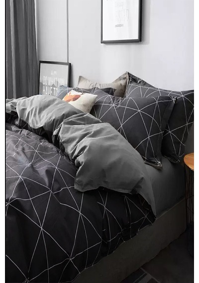 İqon Lastikli Çarşaflı Nevresim Takımı Çift Kişilik Geometric Gri