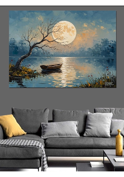 Ahşap Tablo Gece Göl Kenarında Yalnız Sandal