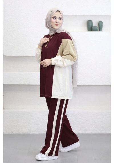 Balenbi Oversize Çift Garni Detaylı Şeritli Modal Tesettür Kadın Takım 1198 - Form Serisi Bordo Balenbi Oversize Çift Garni Detaylı Şeritli Modal Tesettür Kadın Takım 1198 - Form Serisi Bordo