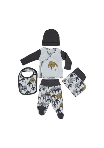 Veropukahome Ecocotton Pingu Erkek Bebek Zıbın Seti 5'Li Beyaz 0-3 Ay Beyaz