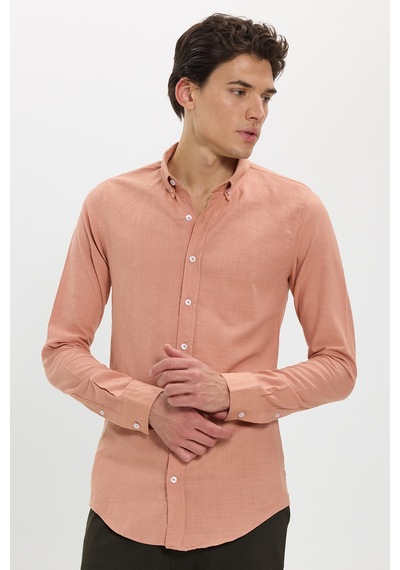 Tudors Erkek Slim Fit Dar Kesim %100 Pamuk Düğmeli Yaka Flam Keten Turuncu Gömlek-50269